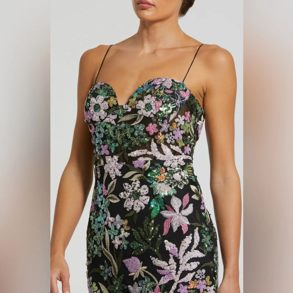 Mac Duggal Spaghetti Strap Bustier Embroidered Applique floral sequin Gown Sz 6 - Picture 5 of 16